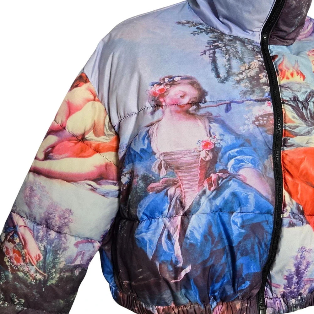 Azalea Wang Renaissance Art Puffer Jacket Size XL Art to Wear Bomber Coat